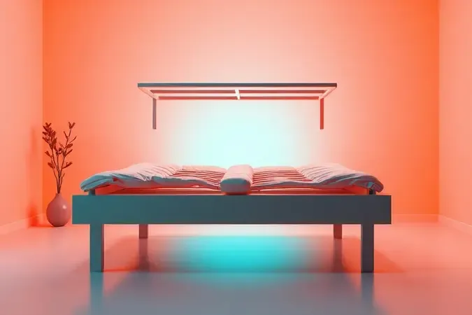 Ilustração conceitual 3D mostrando a estrutura interna e o design inovador de uma cama box em um ambiente moderno.
