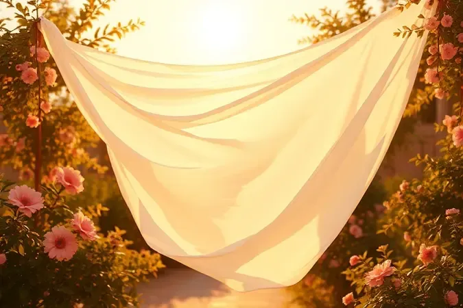 Lençóis brancos esvoaçando suavemente ao sol sob um céu azul claro, transmitindo frescor e limpeza.