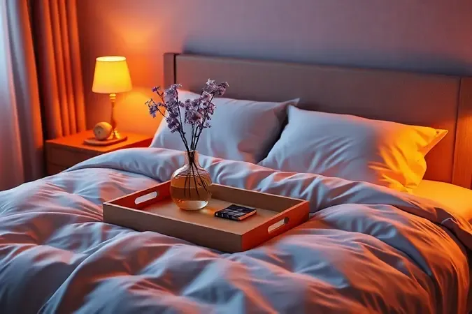 Cama preparada para dormir com iluminação quente e atmosfera relaxante de quarto de hotel de luxo.