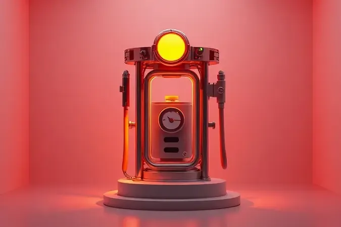 Representação 3D estilizada de um amortecedor a gás de cama baú com iluminação de alerta âmbar.