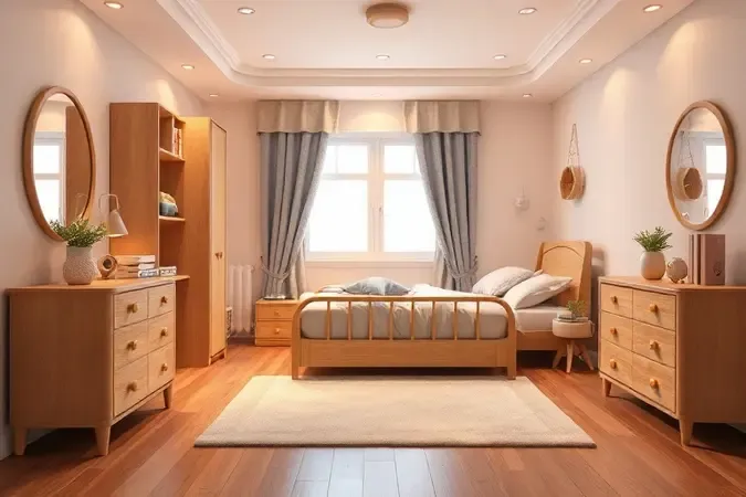 Visão 3D de um quarto infantil seguro com tapetes macios e móveis de cantos arredondados iluminados por luz suave.