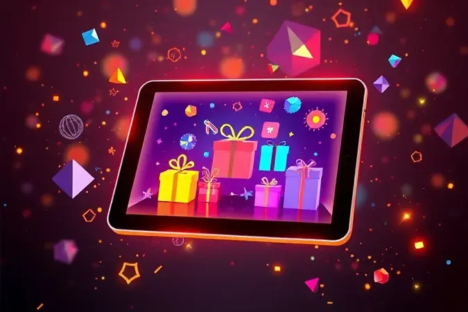 Visualização 3D de um tablet exibindo ícones abstratos de presentes digitais e sacolas de compras em ambiente vibrante.