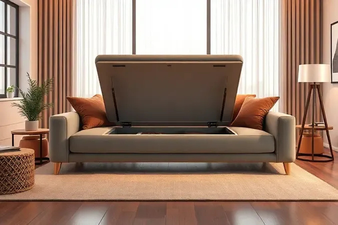 Ilustração 3D de um sofá-cama moderno com funcionalidade de baú interno para organização de espaço.