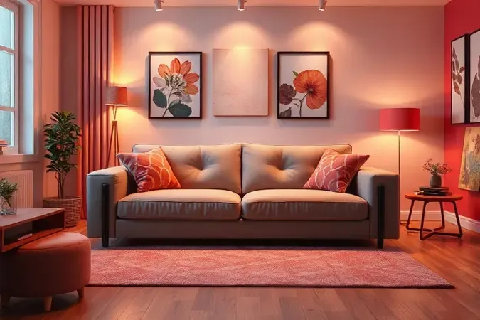 Conceito 3D de um sofá-cama dobrável compacto otimizando o espaço em um ambiente moderno e colorido.