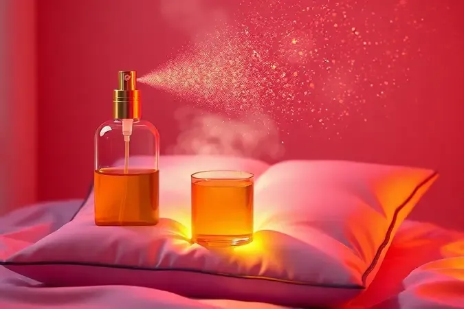 Frasco de spray genérico borrifando uma névoa perfumada sobre uma cama macia e convidativa.