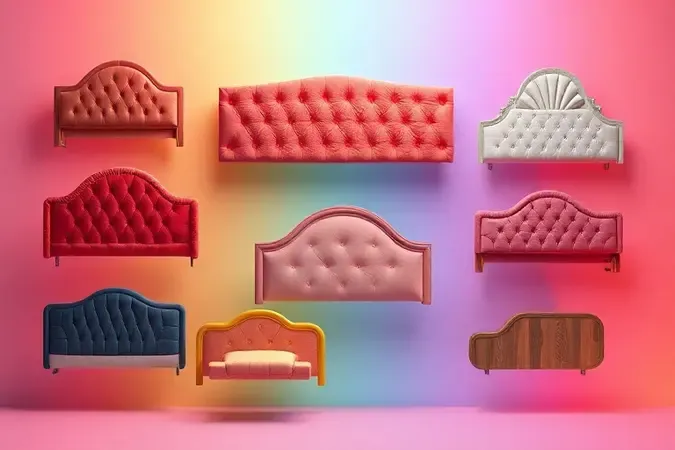 Modelos conceituais de cabeceiras de cama com diferentes texturas e designs em renderização 3D.