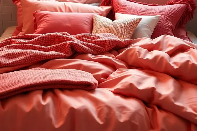 Detalhe das camadas de uma cama posta com mantas texturizadas e diversos travesseiros decorativos.