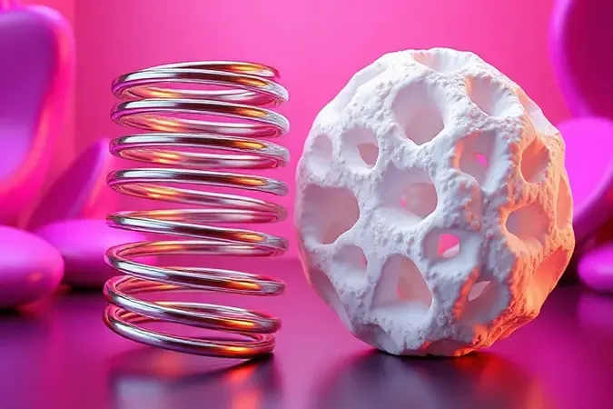 Comparação visual artística entre texturas de molas metálicas e espumas suaves em um ambiente de design 3D.