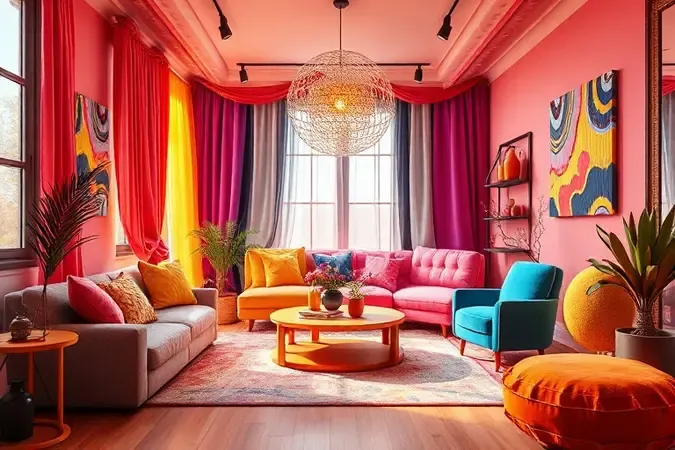 Design de interiores moderno com harmonização de tecidos e cores vibrantes para tendências de decoração.