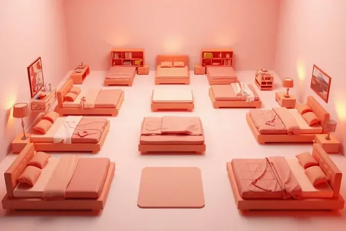 Representação estilizada de diferentes modelos e designs de bases de cama para casal em 3D.