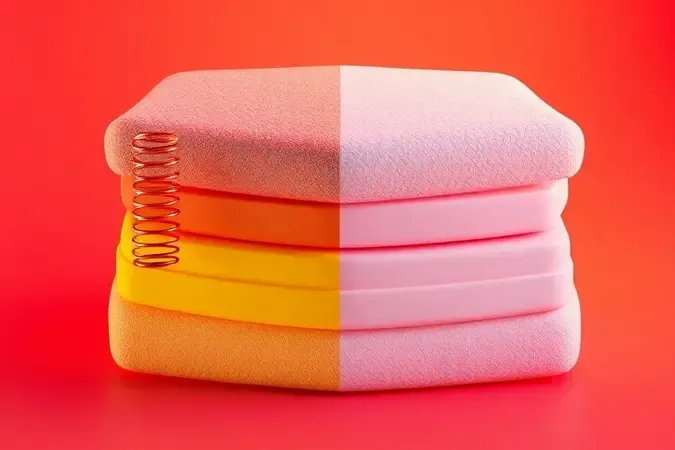 Ilustração conceitual em 3D comparando as texturas e estruturas internas de molas e espuma para camas.
