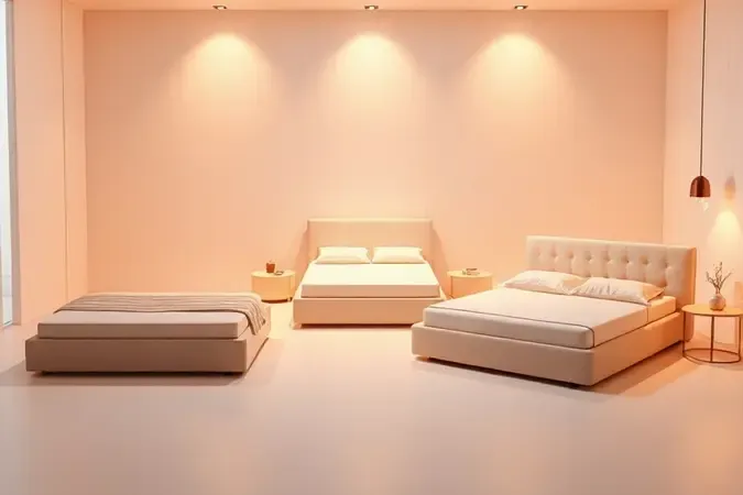 Renderização 3D artística mostrando diferentes tipos de bases modulares para cama box king em um ambiente clean.