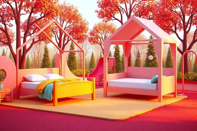 Modelos conceituais de camas infantis incluindo estilo montessoriano e padrão em cenário lúdico 3D.