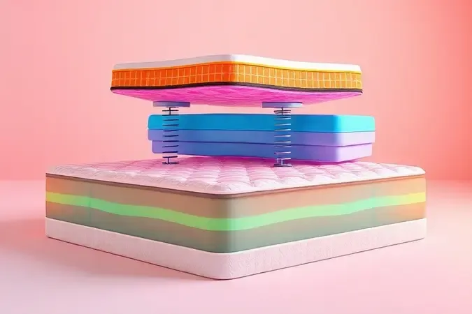 Representação 3D conceitual das camadas internas de diferentes tipos de colchões para suporte das costas.