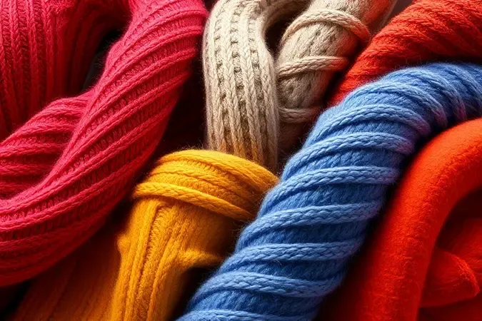 Renderização 3D conceitual mostrando diferentes texturas de tecidos como tricô e lã em cores vibrantes.