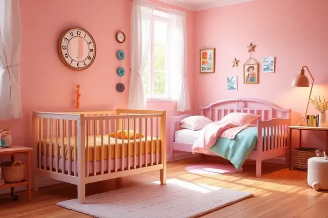 Quarto compartilhado harmonioso com berço e cama infantil para facilitar a chegada de um novo irmão.