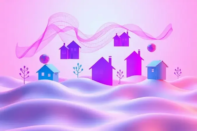 Ilustração 3D abstrata representando o uso de fluxos de ar para inflar um colchão com métodos domésticos criativos.