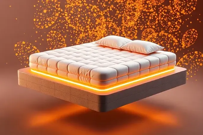 Representação 3D das camadas de conforto e durabilidade de uma cama box moderna.