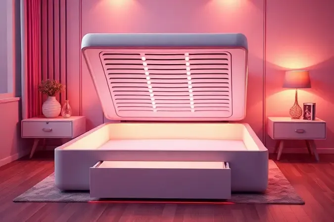 Cama box com baú aberto exibindo um espaço interno de armazenamento clean em estilo 3D vibrante.
