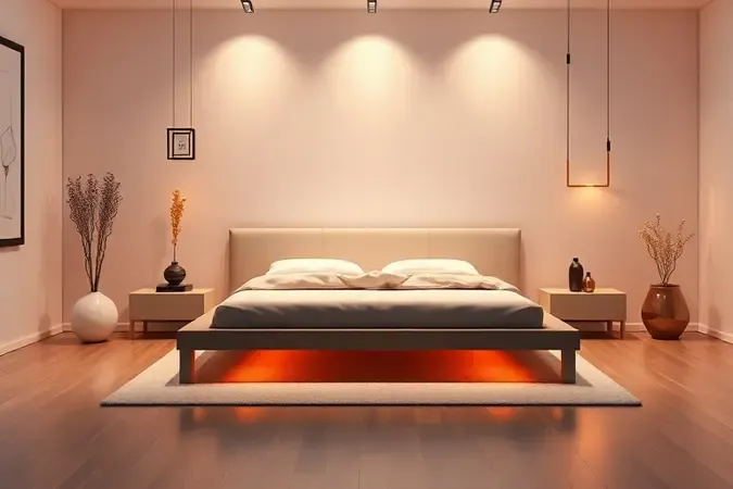 Ilustração conceitual em 3D de uma base de cama box moderna com design minimalista e cores vibrantes.