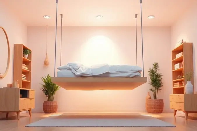 Ilustração de um quarto espaçoso mostrando a facilidade de limpeza sob uma estrutura de cama flutuante.